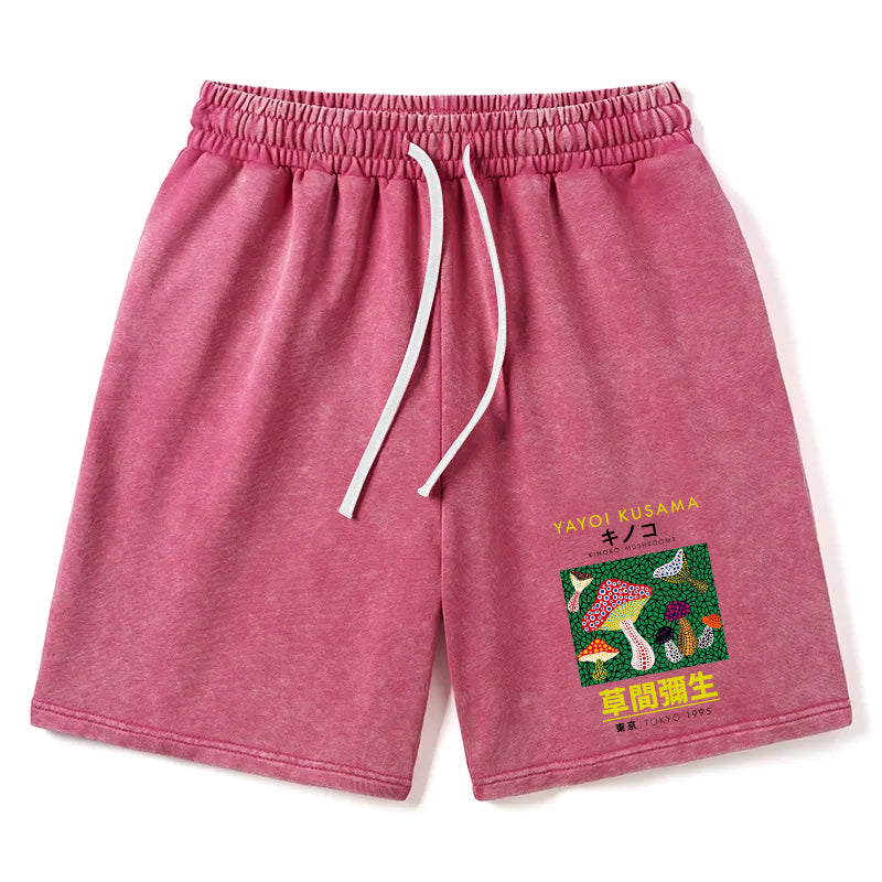 Animescollection Yayoi Kusama Spotted Mushroom Vintage Washed Shorts