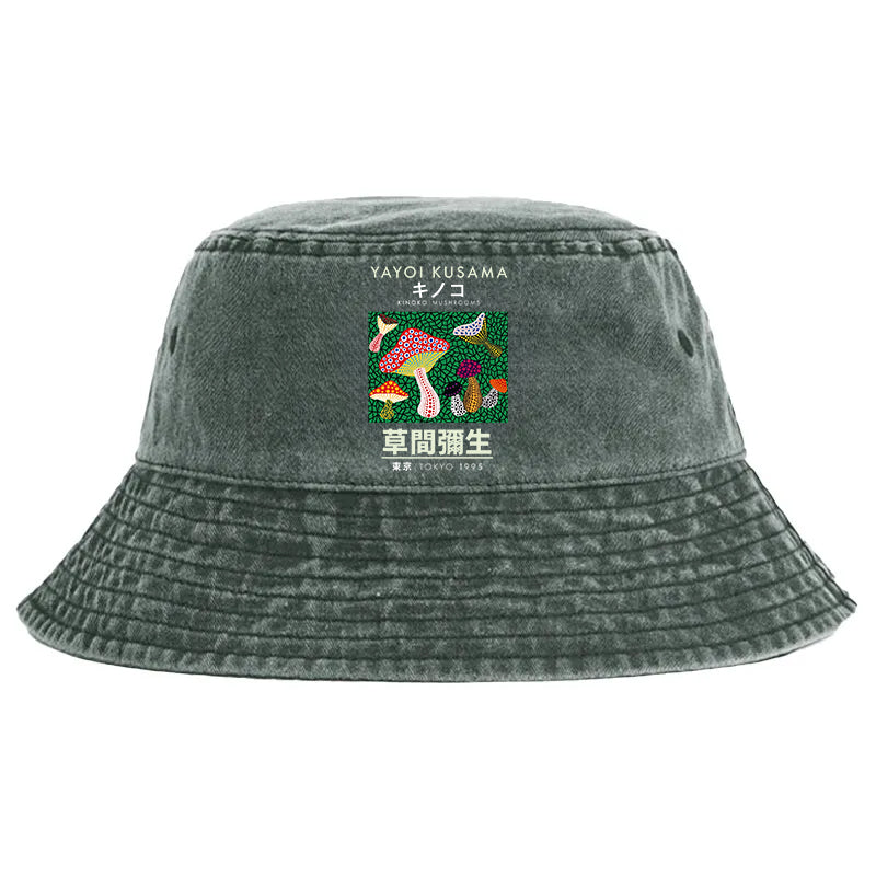 Animescollection Yayoi Kusama Spotted Mushroom Vintage Washed Bucket Hat