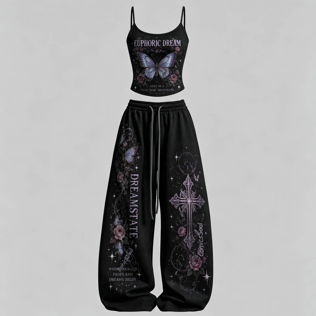 Women's Psychedelic Butterfly Top & Elasticated Trousers Two-Piece Set