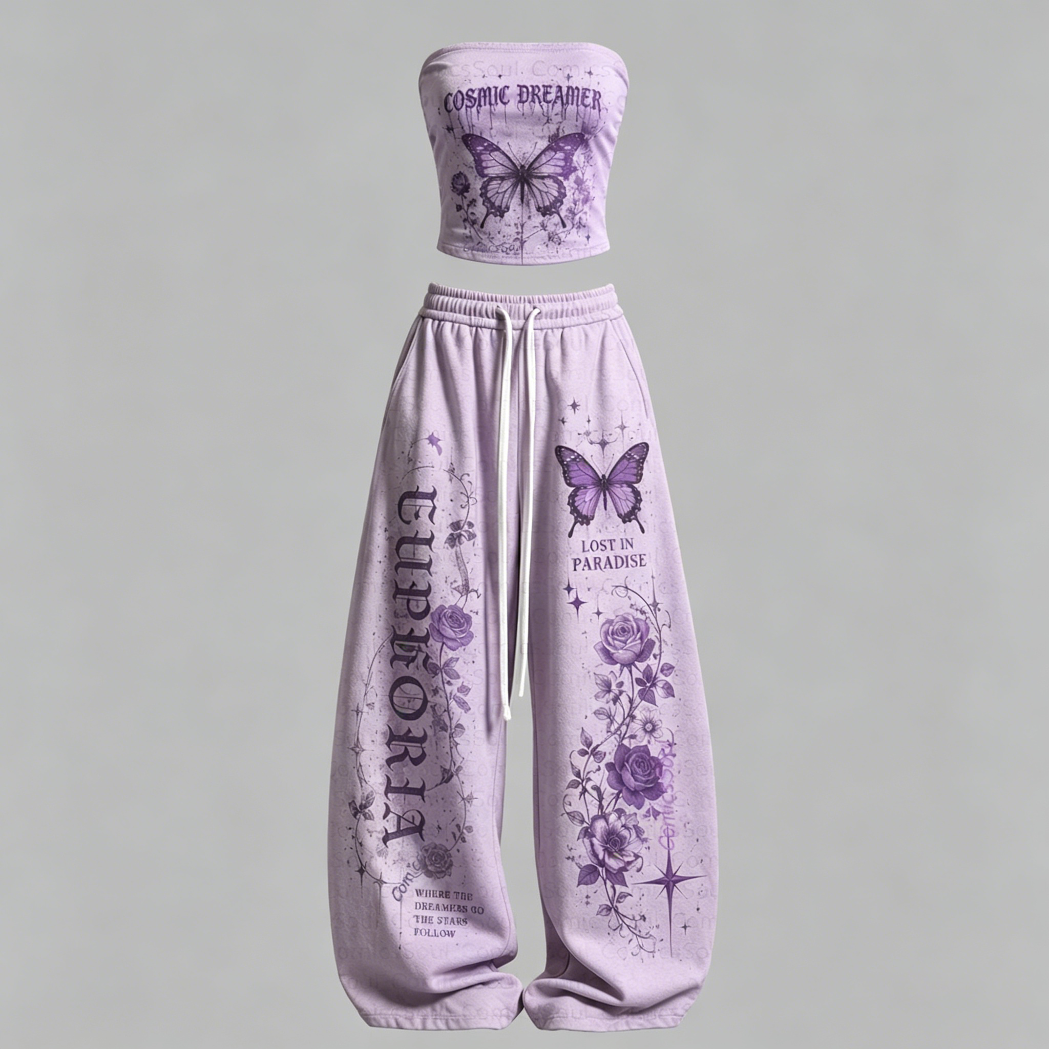 Women's Psychedelic Butterfly Strapless Top & Elasticated Trousers Two-Piece Set