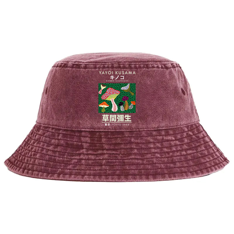 Animescollection Yayoi Kusama Spotted Mushroom Vintage Washed Bucket Hat