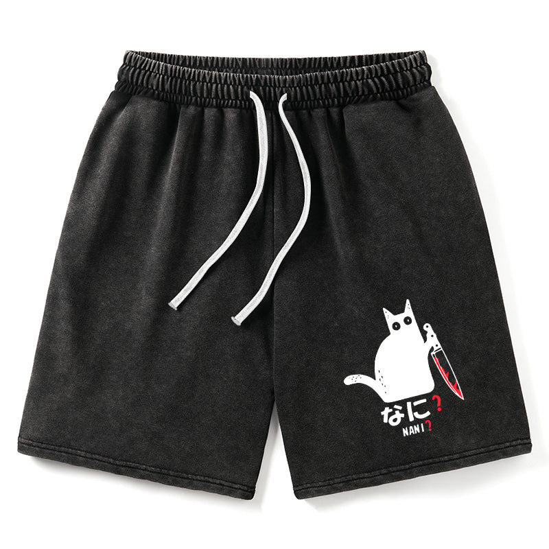 Animescollection A Puzzled Cat Holding A Knife Washed Shorts