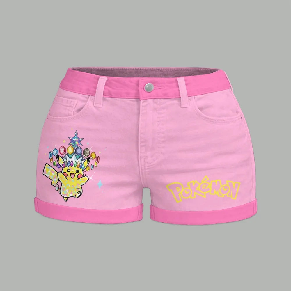 "Pokémon" Bodysuit  & Stretch Black Denim Shorts Two-Piece Set