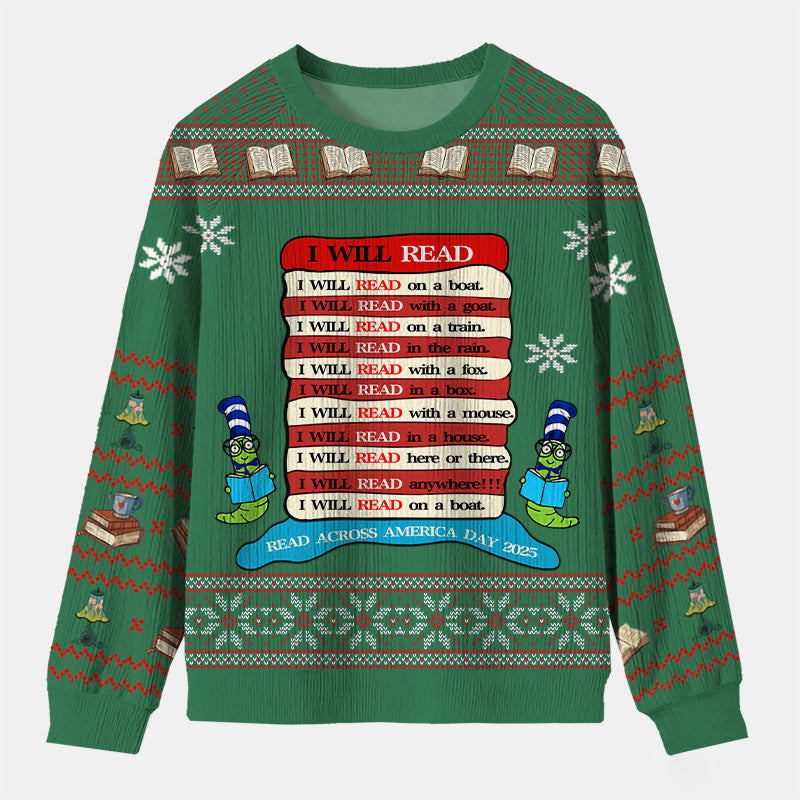 Personalized Reading Joy Anywhere Ugly Sweater Holiday Gift for Book Lover