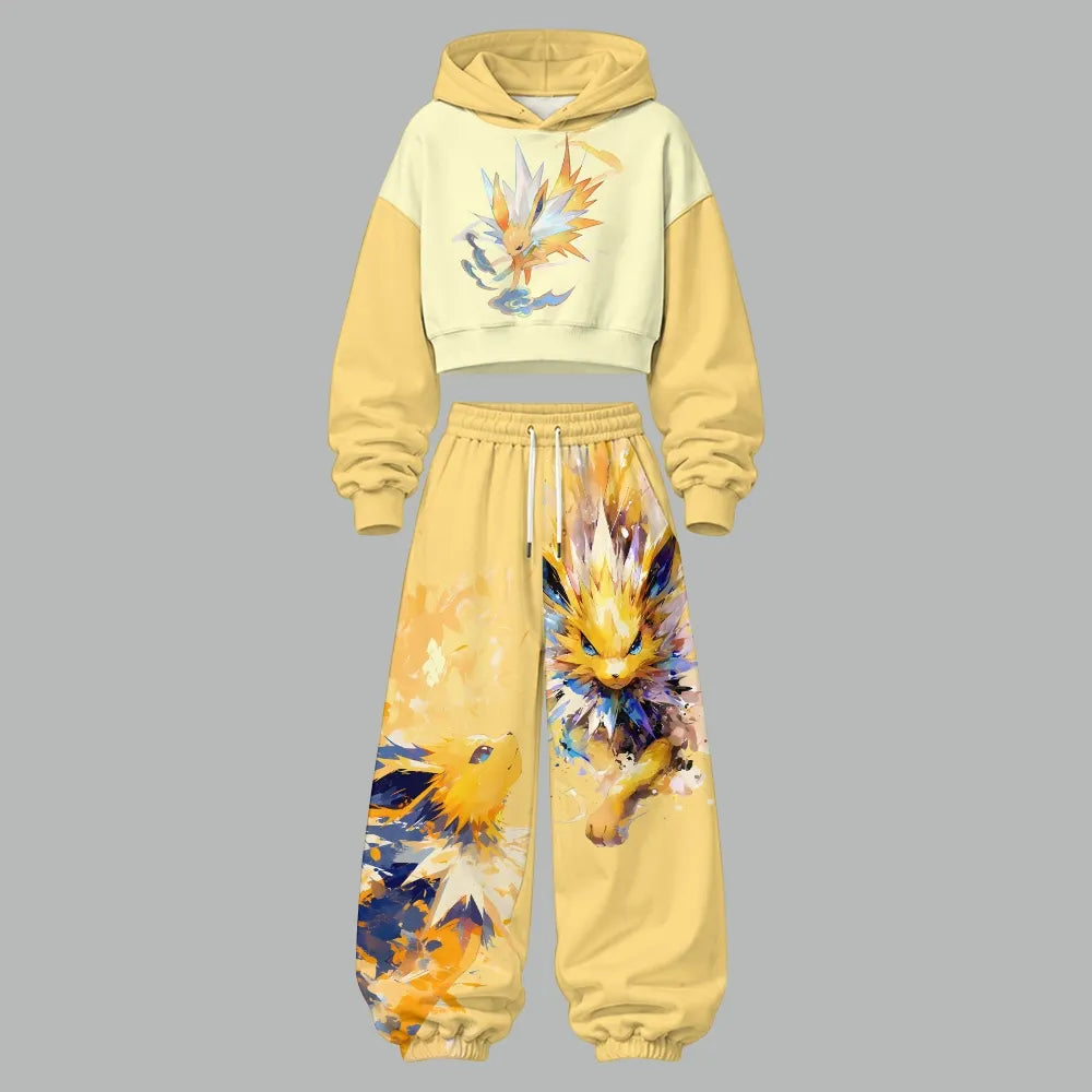Pokémon Women's Cropped Long Sleeve Hoodie & High Waist Jogger Pants Two Piece Tracksuit Set