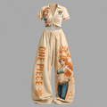 One Piece Drawstring Short Sleeve Top & Long Pants Two-Piece Set