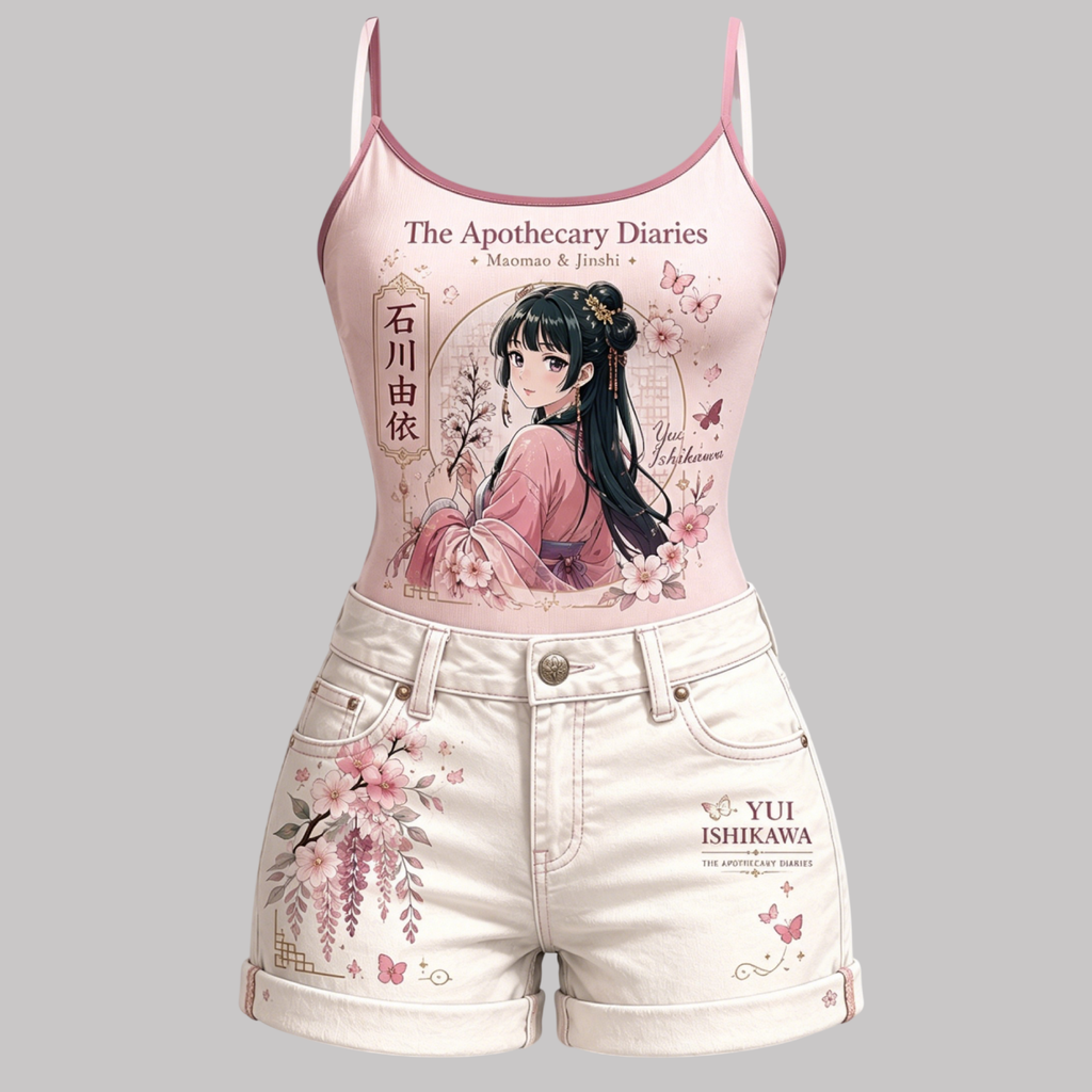 The Apothecary Diaries Bodysuit  & Stretch Denim Shorts Two-Piece Set