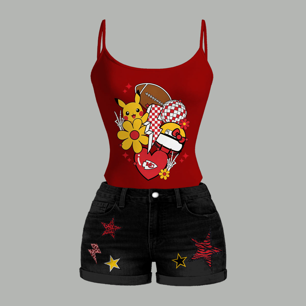 Kansas City Chiefs X Pokémon Bodysuit  & Stretch Black Denim Shorts Two-Piece Set