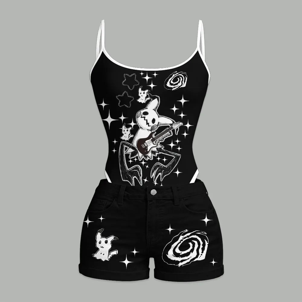 "Pokémon" Bodysuit  & Stretch Black Denim Shorts Two-Piece Set