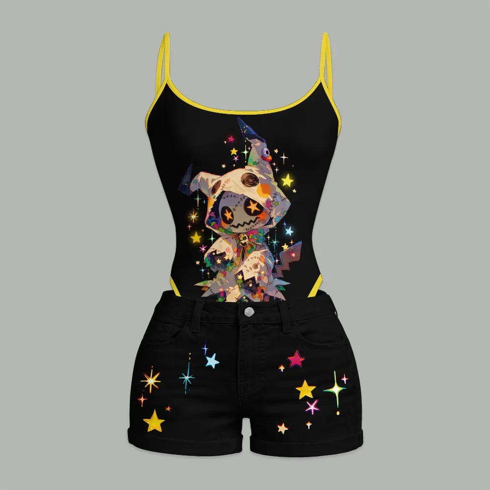 "Pokémon" Bodysuit  & Stretch Black Denim Shorts Two-Piece Set