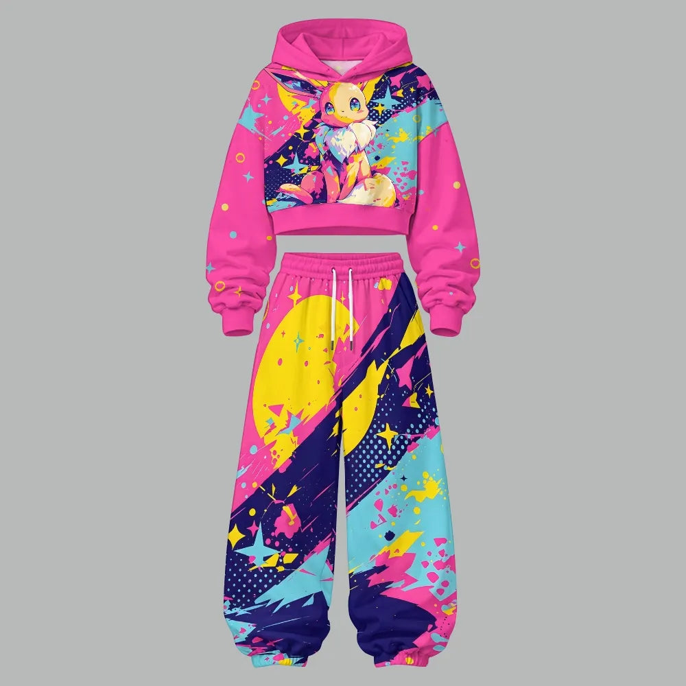 Pokémon Women's Cropped Long Sleeve Hoodie & High Waist Jogger Pants Two Piece Tracksuit Set