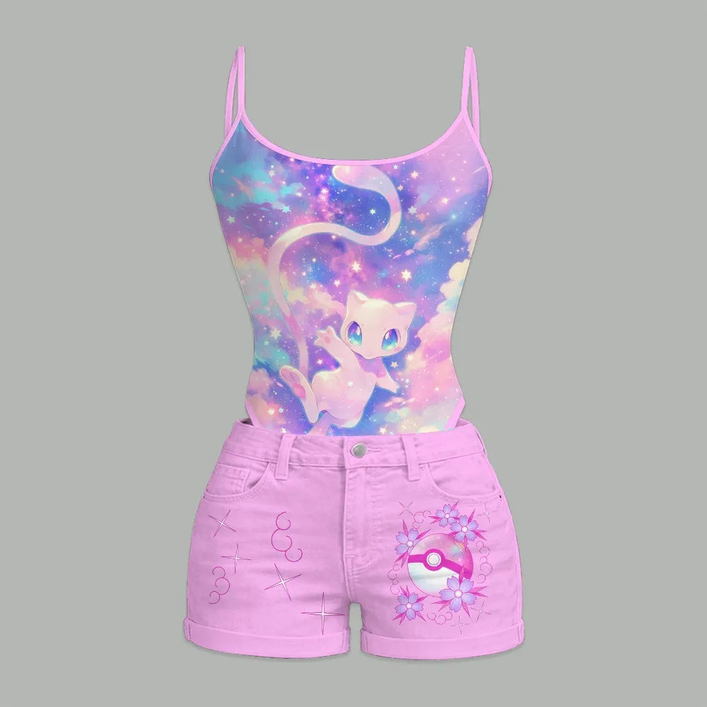 "Pokémon" Bodysuit  & Stretch Black Denim Shorts Two-Piece Set