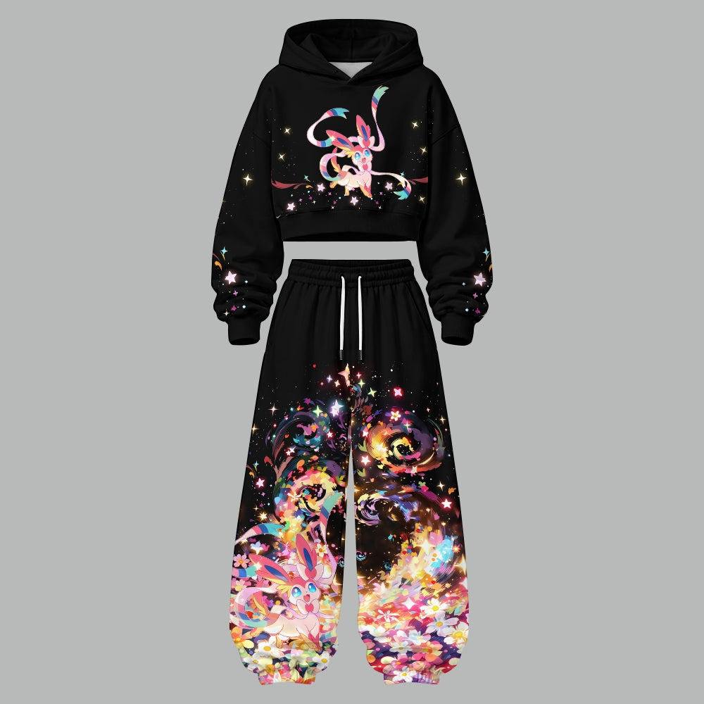 Pokémon Women's Cropped Long Sleeve Hoodie & High Waist Jogger Pants Two Piece Tracksuit Set