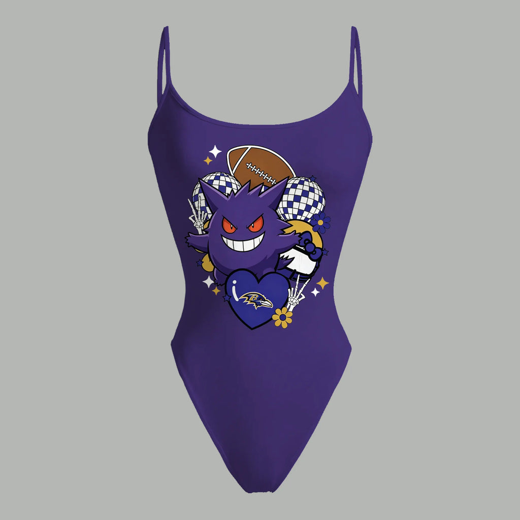 Baltimore Ravens X Pokémon Bodysuit  & Stretch Black Denim Shorts Two-Piece Set