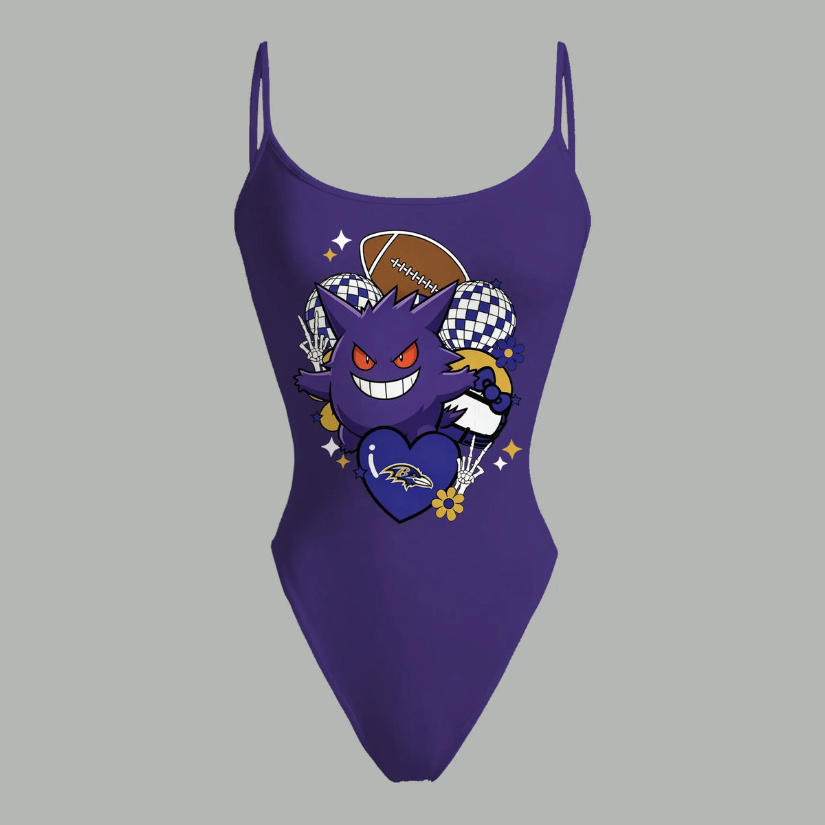 Baltimore Ravens X Pokémon Bodysuit  & Stretch Black Denim Shorts Two-Piece Set