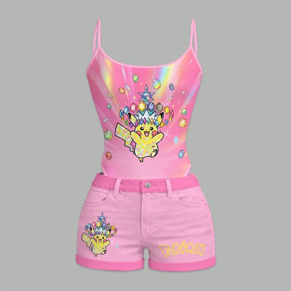 "Pokémon" Bodysuit  & Stretch Black Denim Shorts Two-Piece Set