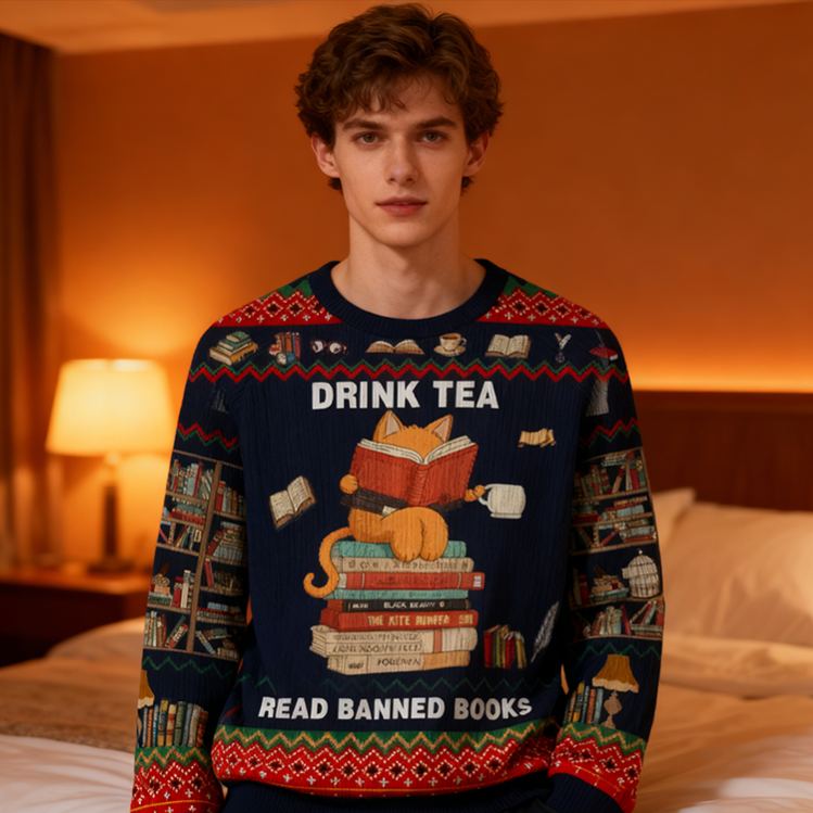 Personalized Rebel Reader Tea Time Ugly Sweater Holiday Gift for Book Lovers