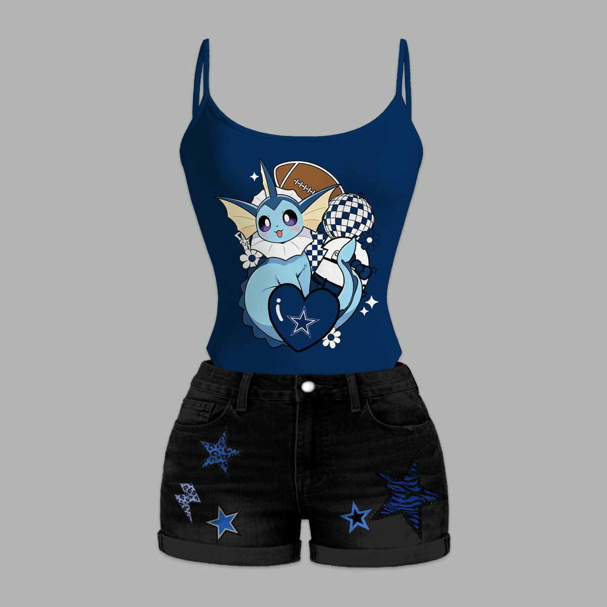 Dallas Cowboys X Pokémon Bodysuit  & Stretch Black Denim Shorts Two-Piece Set