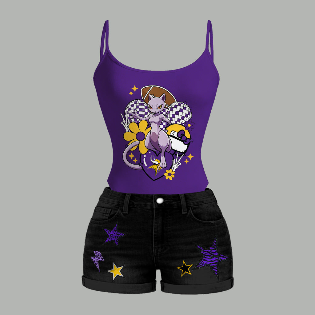 Minnesota Vikings X Pokémon Bodysuit  & Stretch Black Denim Shorts Two-Piece Set