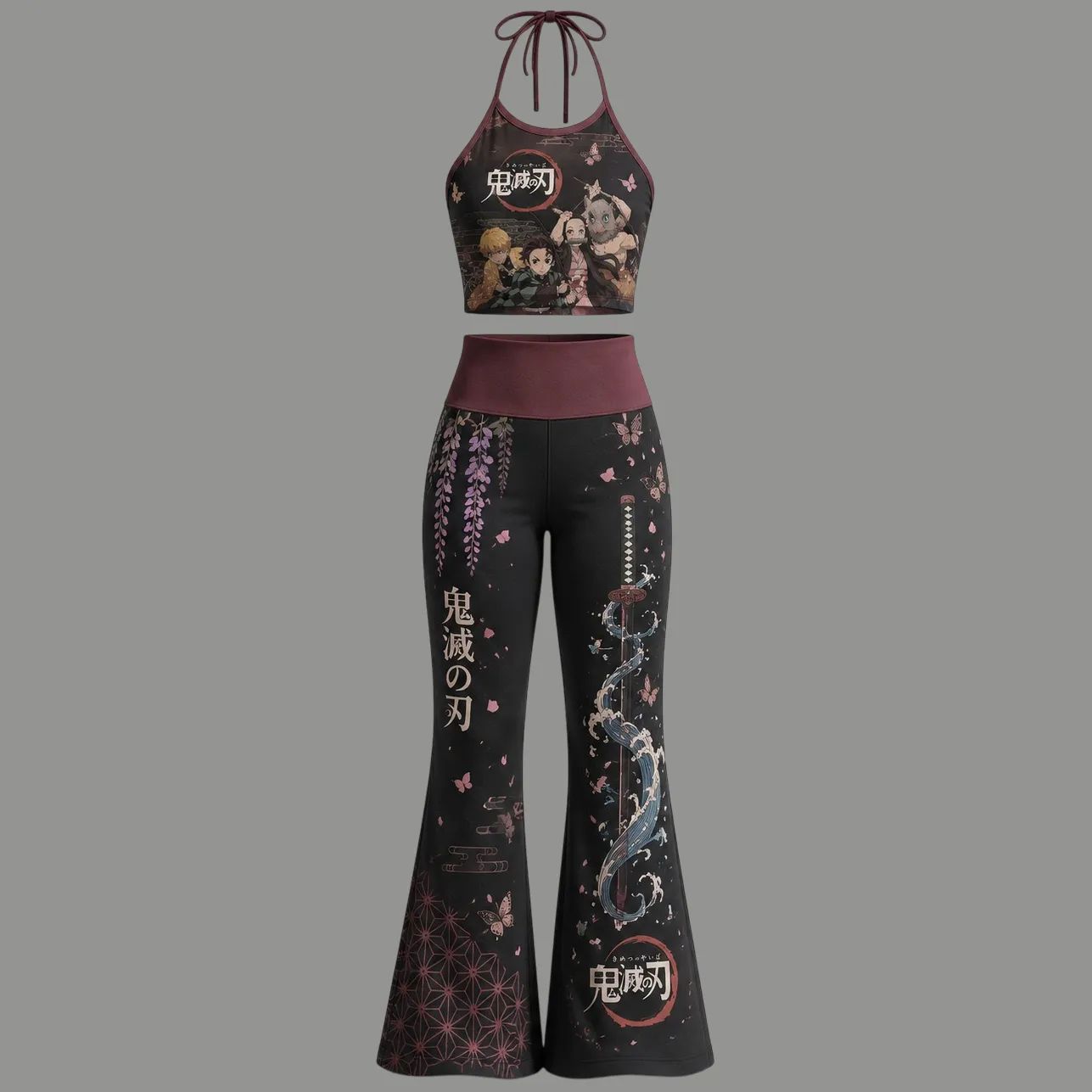 Demon Slayer Halter Crop Top + High Waist Flared Pants Matching 2-Piece Set