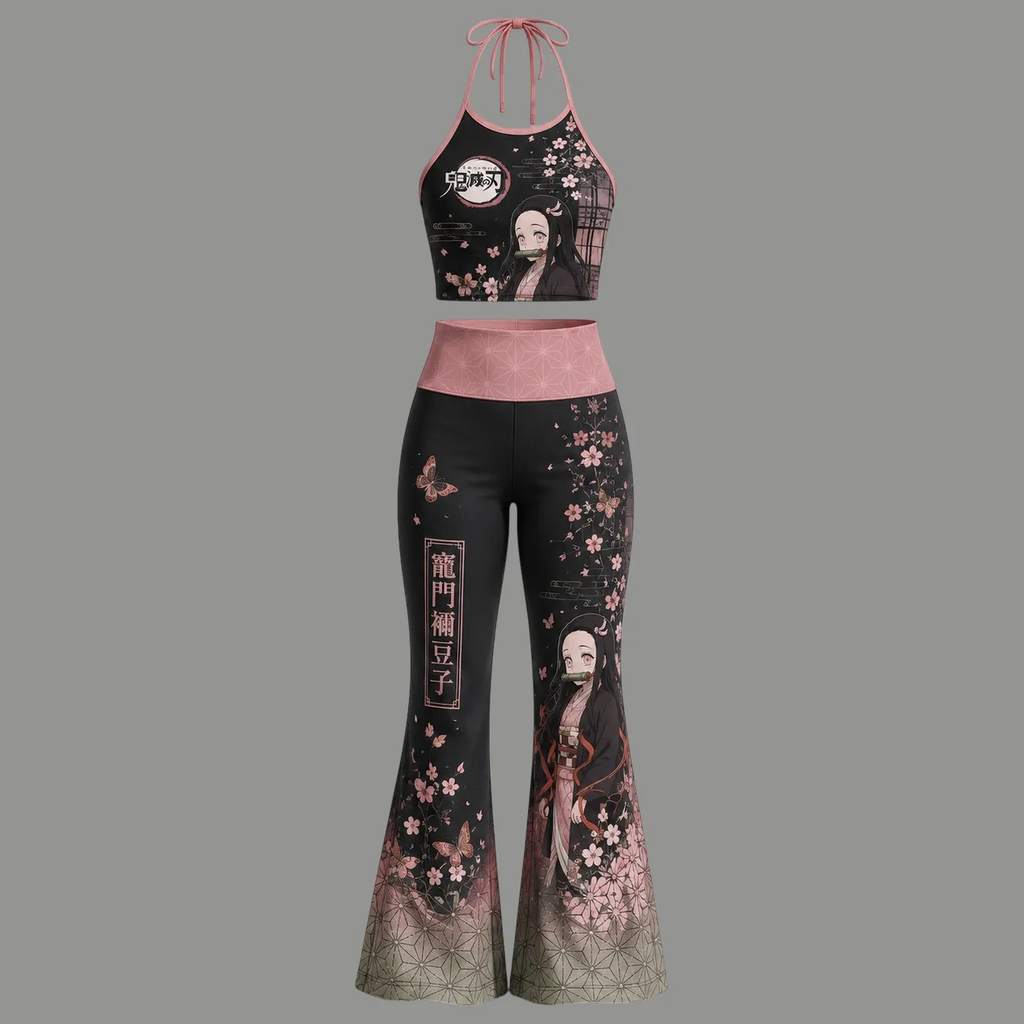 Demon Slayer Halter Crop Top + High Waist Flared Pants Matching 2-Piece Set