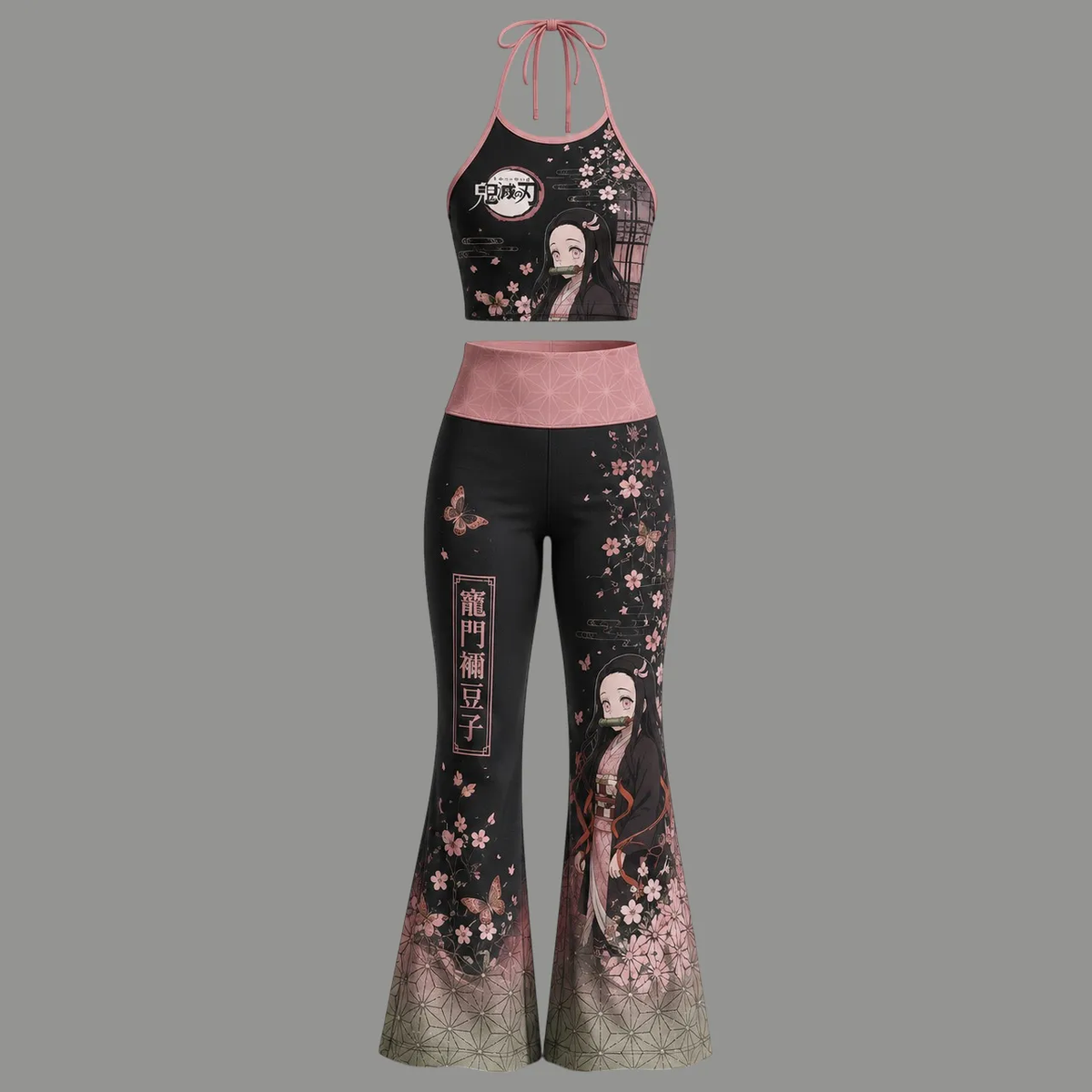 Demon Slayer Halter Crop Top + High Waist Flared Pants Matching 2-Piece Set