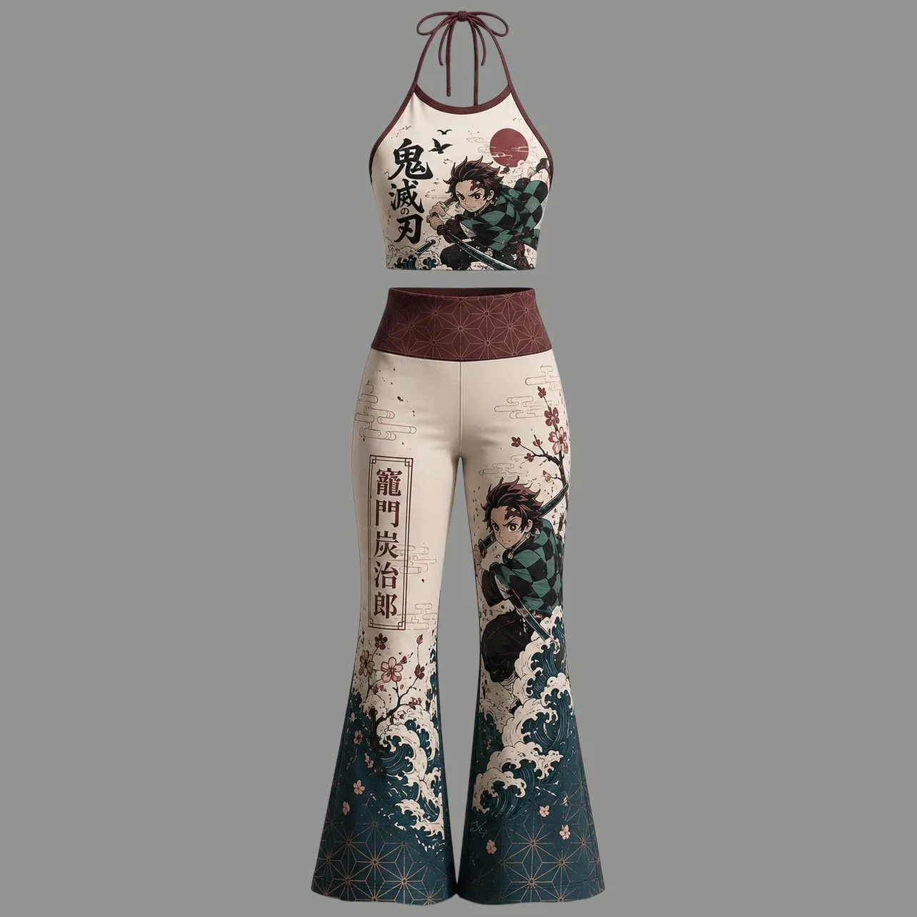 Demon Slayer Halter Crop Top + High Waist Flared Pants Matching 2-Piece Set