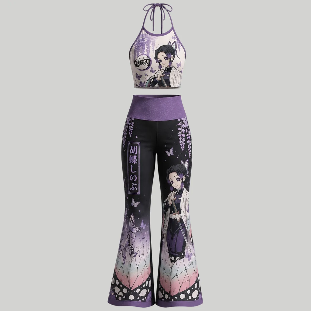 Demon Slayer Halter Crop Top + High Waist Flared Pants Matching 2-Piece Set
